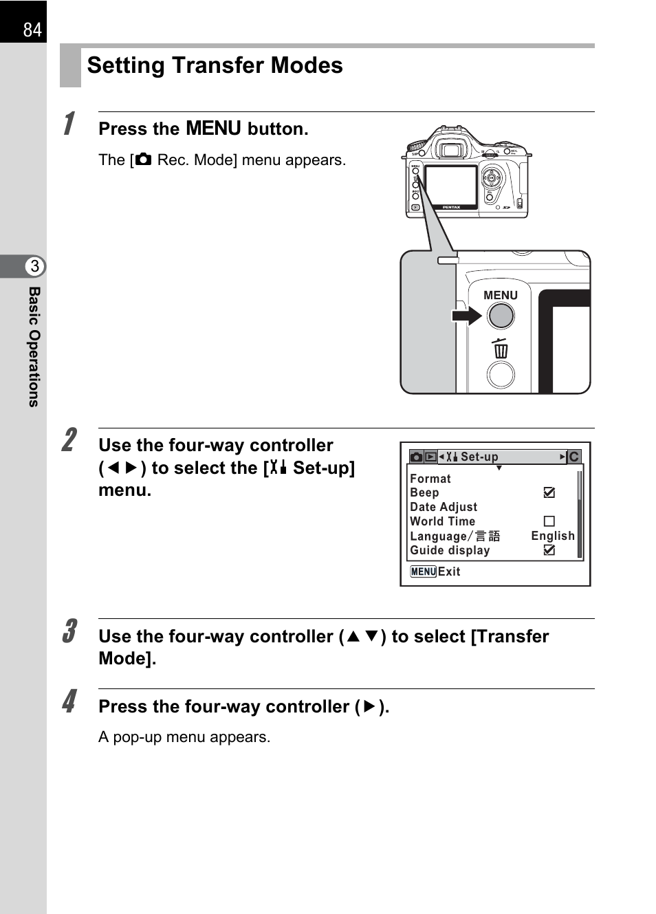 Setting transfer modes, E] (p.84) | Pentax L User Manual | Page 86 / 208