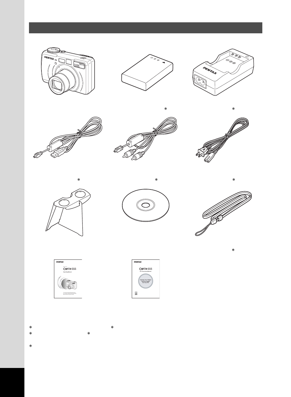 Checking the contents of the package | Pentax 555 User Manual | Page 10 / 144