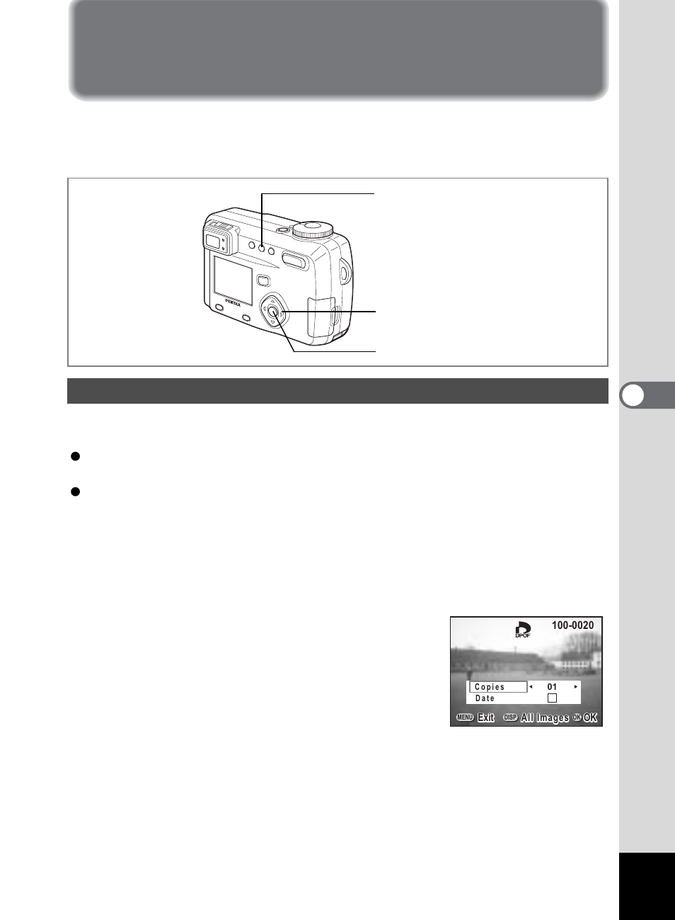 Setting the printing service (dpof), Printing single image, 5pla y ba ck / er as ing | Press the dpof button | Pentax 555 User Manual | Page 103 / 144