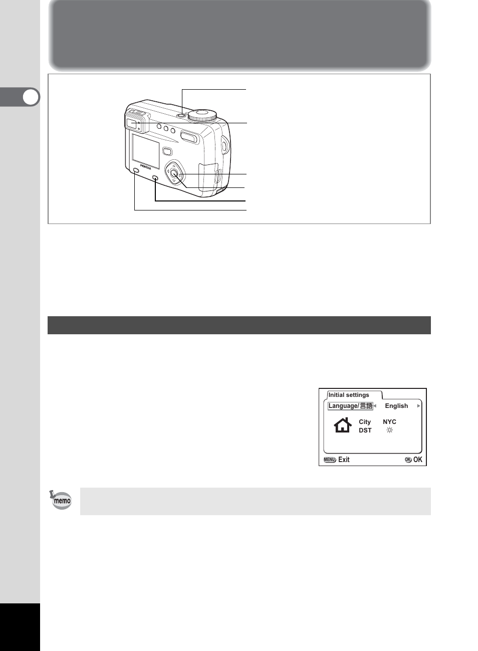 Initial settings, Setting the display language | Pentax 555 User Manual | Page 22 / 144