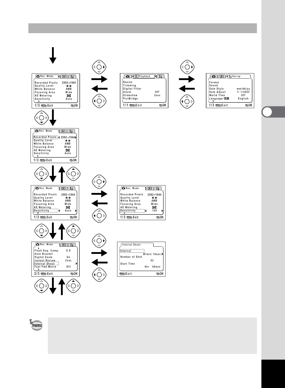 Com m on o p erati ons 3 example of menu operation, Menu / fn button, Rec.mode] menu | Playback] menu, Set-up] menu select screen | Pentax 555 User Manual | Page 37 / 144