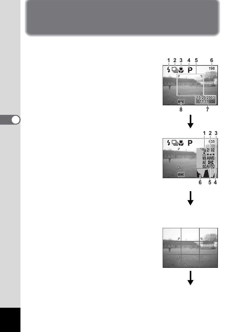 Displaying shooting information (capture mode), Taking pictures, 4tak ing pi cture s | Pentax 555 User Manual | Page 40 / 144