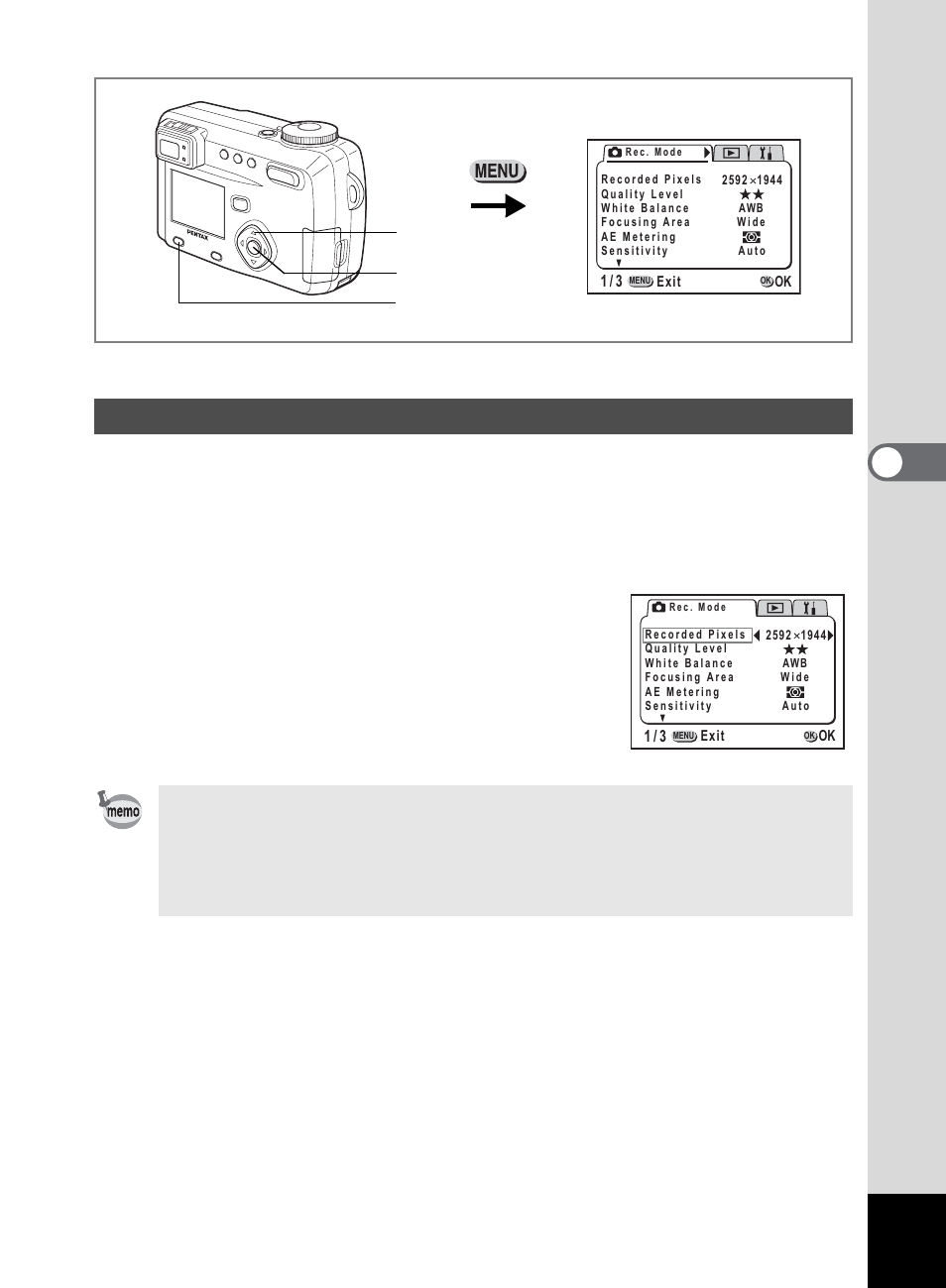 Selecting the recorded pixels, Tak ing pi cture s 4, Select [recorded pixels] on the | Rec.mode] menu, Use the four-way controller, Press the ok button | Pentax 555 User Manual | Page 45 / 144