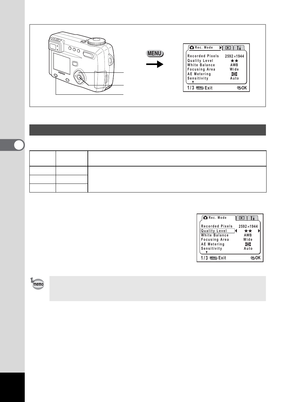 Selecting the quality levels, Tak ing pi cture s 4, Select [quality level] on the | Rec.mode] menu, Use the four-way controller, Press the ok button | Pentax 555 User Manual | Page 46 / 144