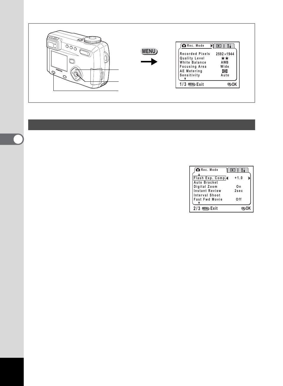 Adjusting the flash output, Tak ing pi cture s 4, Select [flash exp. comp.] on the | Rec. mode] menu, Use the four-way controller, Press the ok button | Pentax 555 User Manual | Page 54 / 144