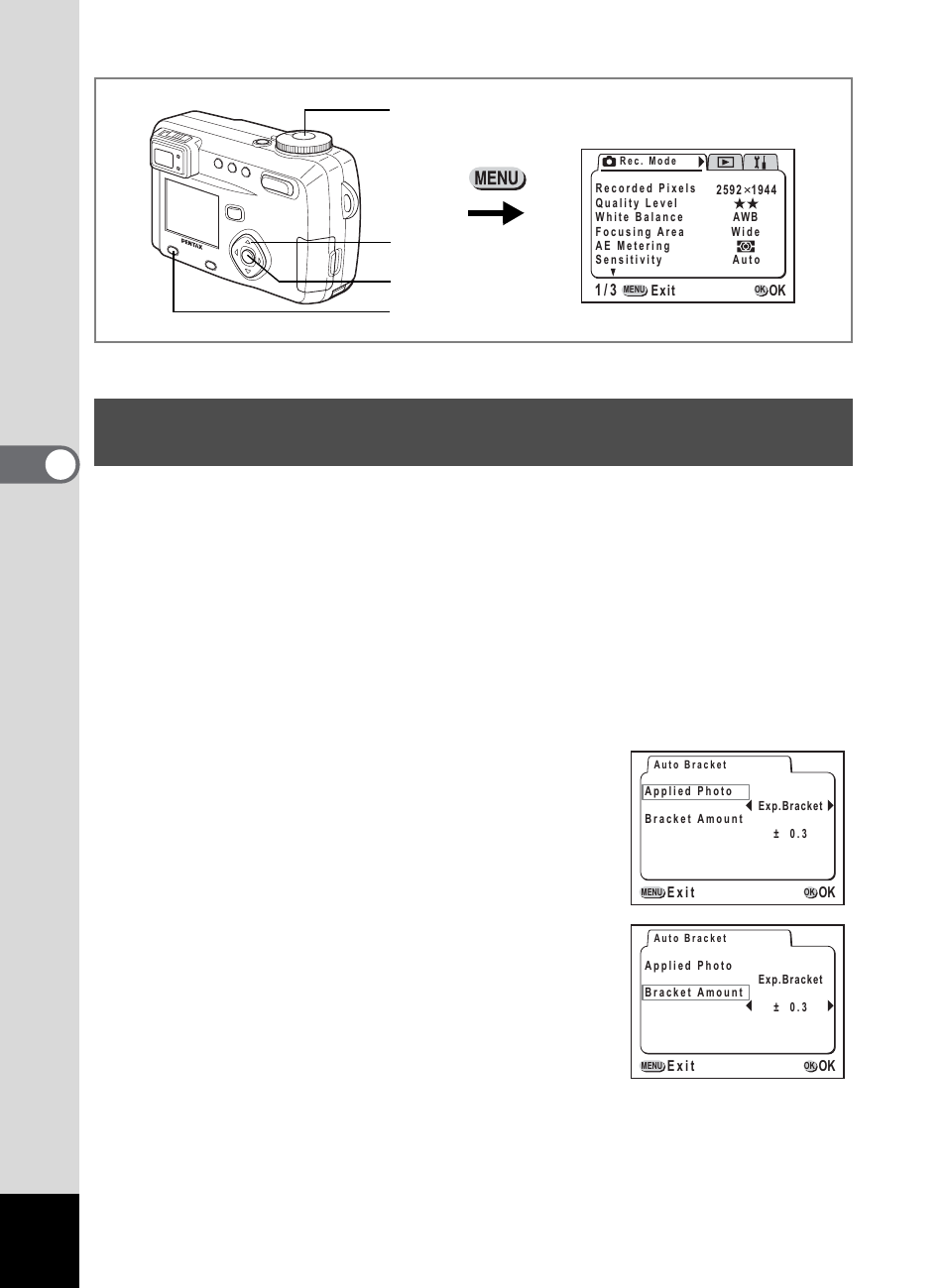 Tak ing pi cture s 4, Press the menu / fn button in capture mode, Press the four-way controller | Use the four-way controller | Pentax 555 User Manual | Page 86 / 144