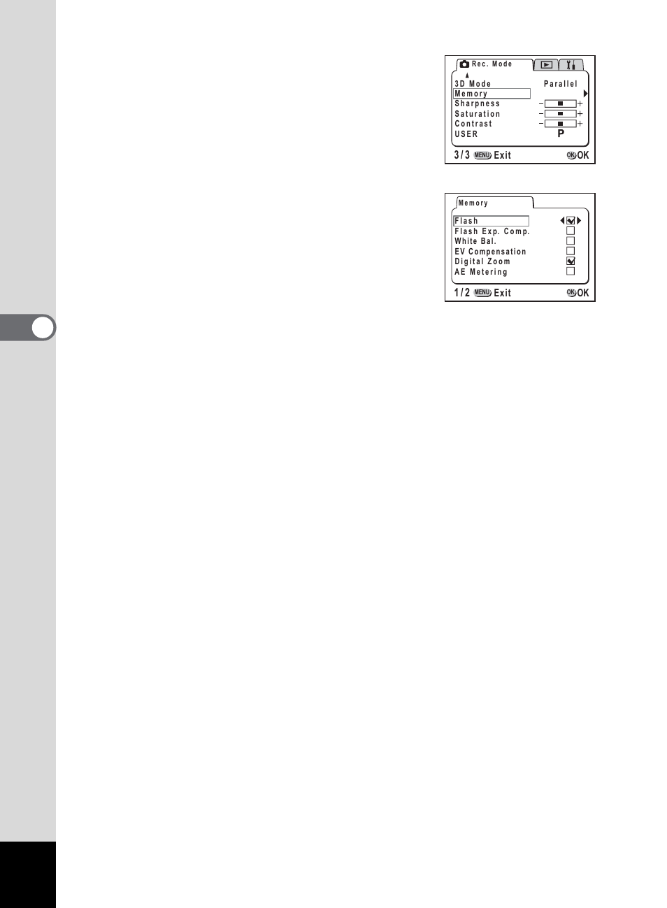Tak ing pi cture s 4, Press the menu / fn button in capture mode, Press the four-way controller | Use the four-way controller, On] and, Press the ok button twice | Pentax 555 User Manual | Page 90 / 144