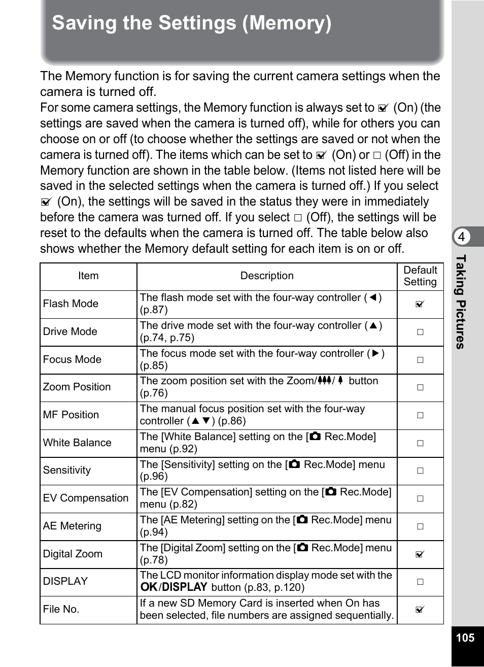 Saving the settings (memory), P.105, Saving the white balance | Saving the iso sensitivity | Pentax Optio Z10 User Manual | Page 107 / 212