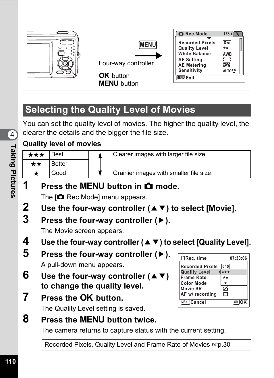 Selecting the quality level of movies, Selecting the quality level of movies 1p.110, P.110 | Press the 3 button in a mode, Press the four-way controller ( 5 ), Press the 4 button, Press the 3 button twice | Pentax Optio Z10 User Manual | Page 112 / 212