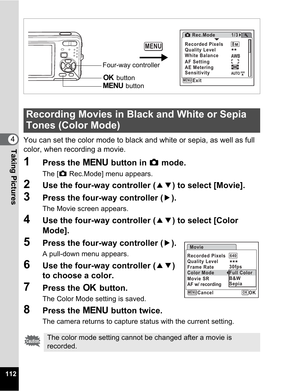 P.112, Press the 3 button in a mode, Press the four-way controller ( 5 ) | Press the 4 button, Press the 3 button twice | Pentax Optio Z10 User Manual | Page 114 / 212