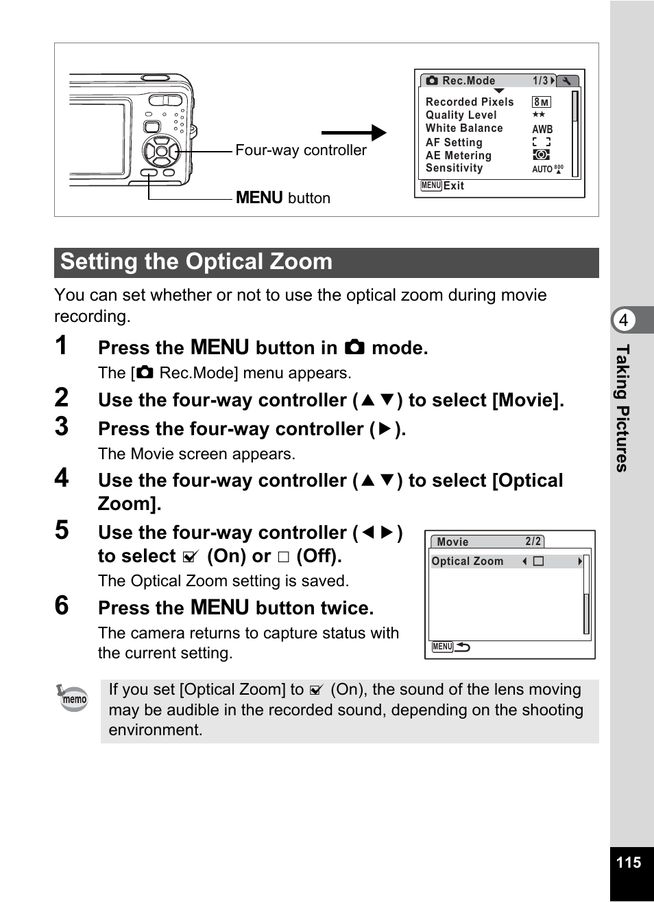 Setting the optical zoom, P.115, Press the 3 button in a mode | Press the four-way controller ( 5 ), Press the 3 button twice | Pentax Optio Z10 User Manual | Page 117 / 212