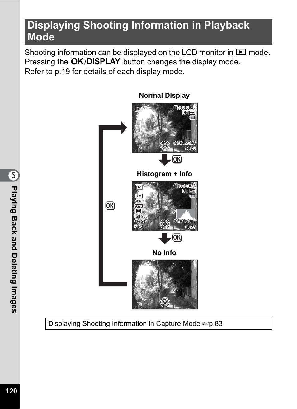 Displaying shooting information in playback mode, P.120), Normal display histogram + info no info | Pentax Optio Z10 User Manual | Page 122 / 212