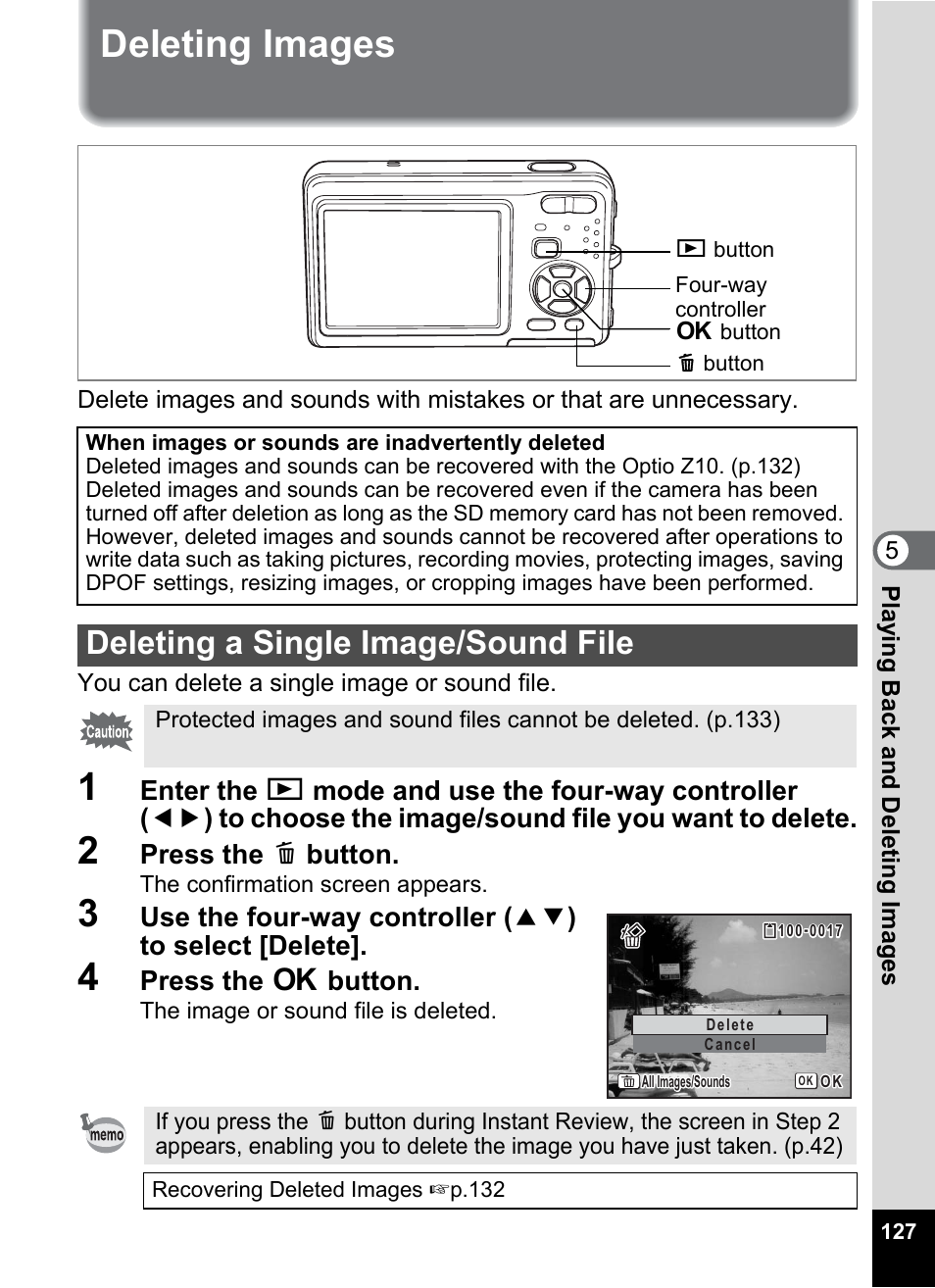 Deleting images, Deleting a single image/sound file, N. (p.127) | Press the i button, Press the 4 button | Pentax Optio Z10 User Manual | Page 129 / 212