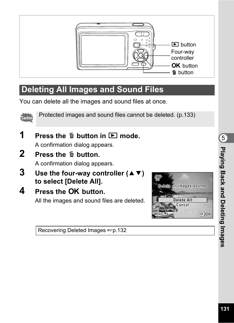 Deleting all images and sound files, Press the i button in q mode, Press the i button | Press the 4 button | Pentax Optio Z10 User Manual | Page 133 / 212