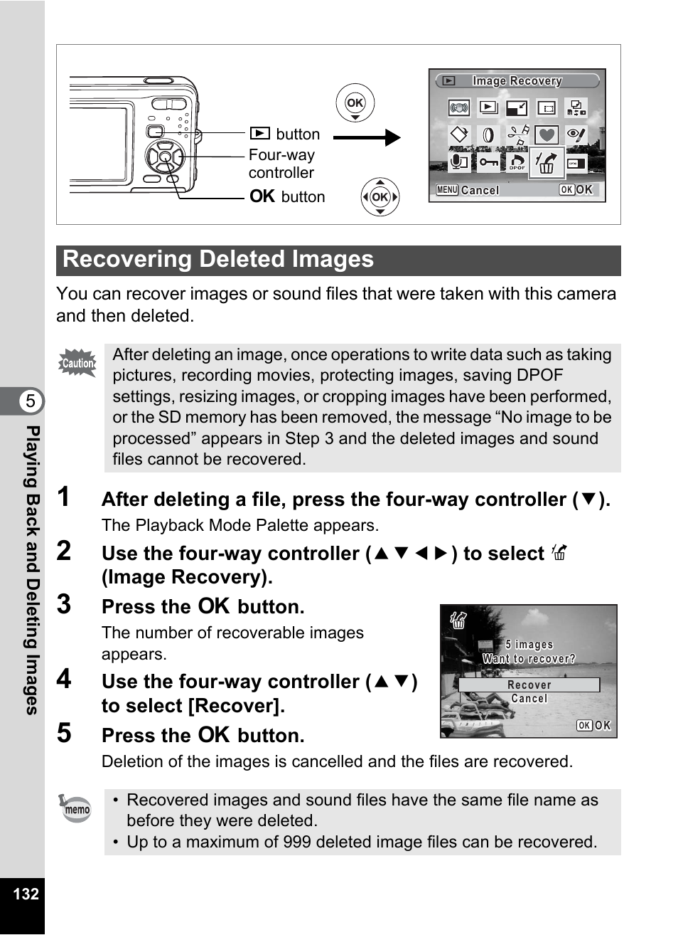 Recovering deleted images, In. (p.132), P.132 | P.132), Press the 4 button | Pentax Optio Z10 User Manual | Page 134 / 212