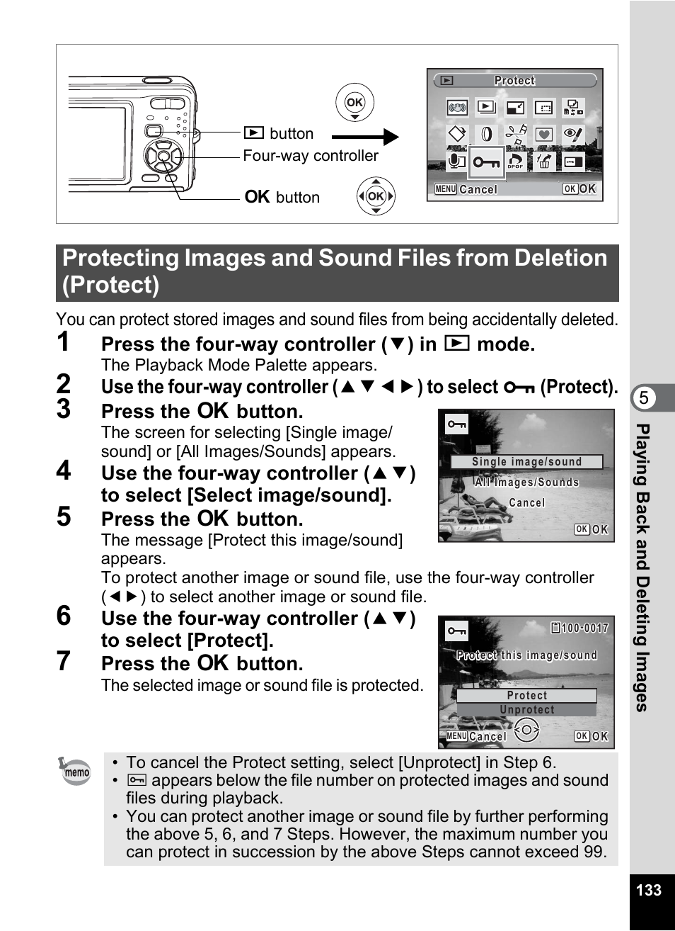 Protect icon (p.133, P.133, P.133) | Press the four-way controller ( 3 ) in q mode, Press the 4 button | Pentax Optio Z10 User Manual | Page 135 / 212