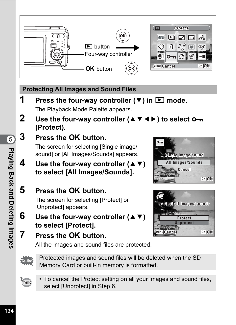 Press the four-way controller ( 3 ) in q mode, Press the 4 button | Pentax Optio Z10 User Manual | Page 136 / 212