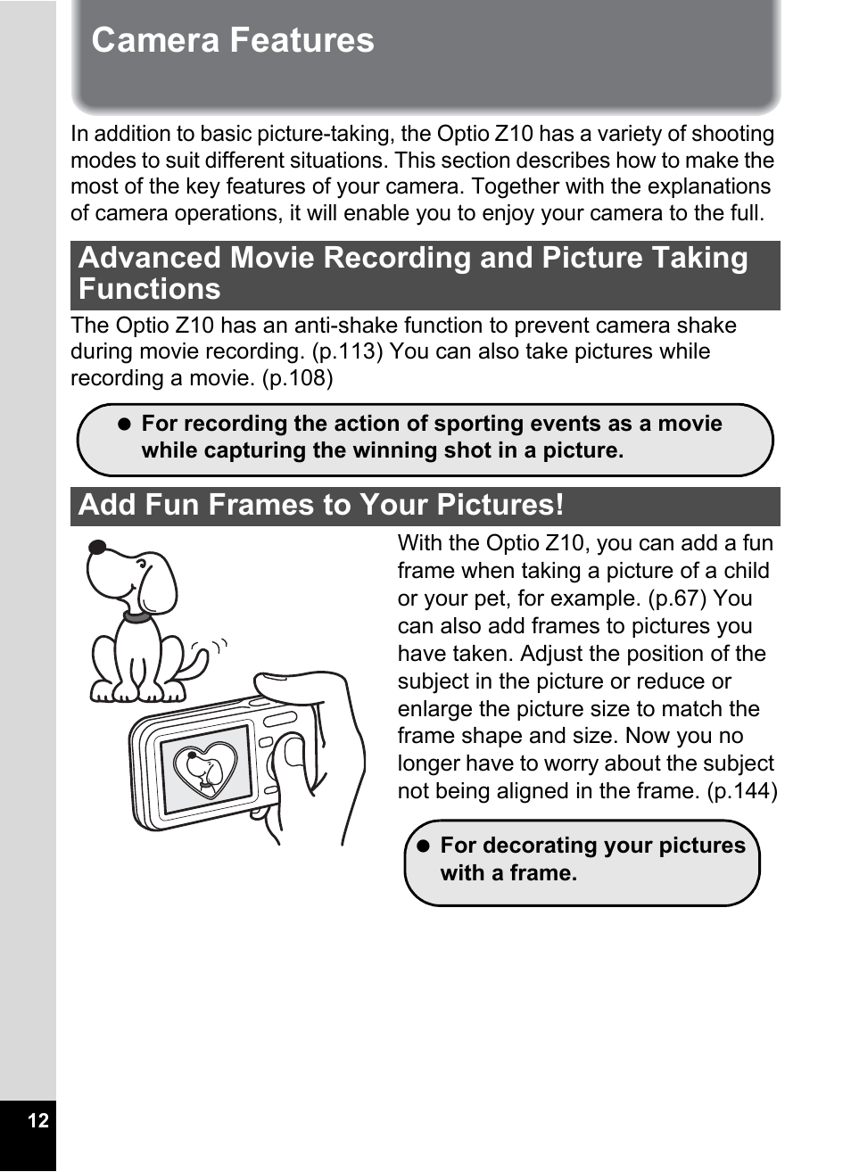 Camera features | Pentax Optio Z10 User Manual | Page 14 / 212