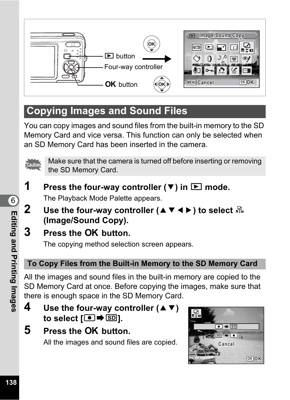 Copying images and sound files, P.138, Press the four-way controller ( 3 ) in q mode | Press the 4 button, Use the four-way controller ( 23 ) to select [ 2 | Pentax Optio Z10 User Manual | Page 140 / 212