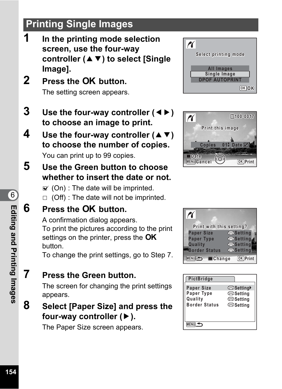 Printing single images, Press the 4 button, Press the green button | 6edi tin g an d pri n ti ng ima g es | Pentax Optio Z10 User Manual | Page 156 / 212