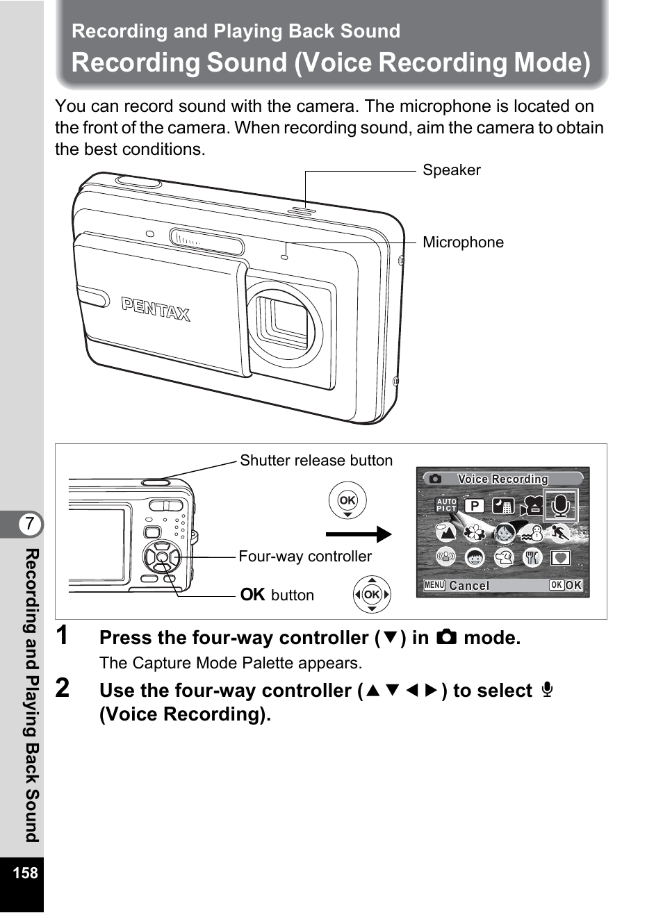 Recording and playing back sound, Recording sound (voice recording mode), P.158) | P.158, Press the four-way controller ( 3 ) in a mode | Pentax Optio Z10 User Manual | Page 160 / 212