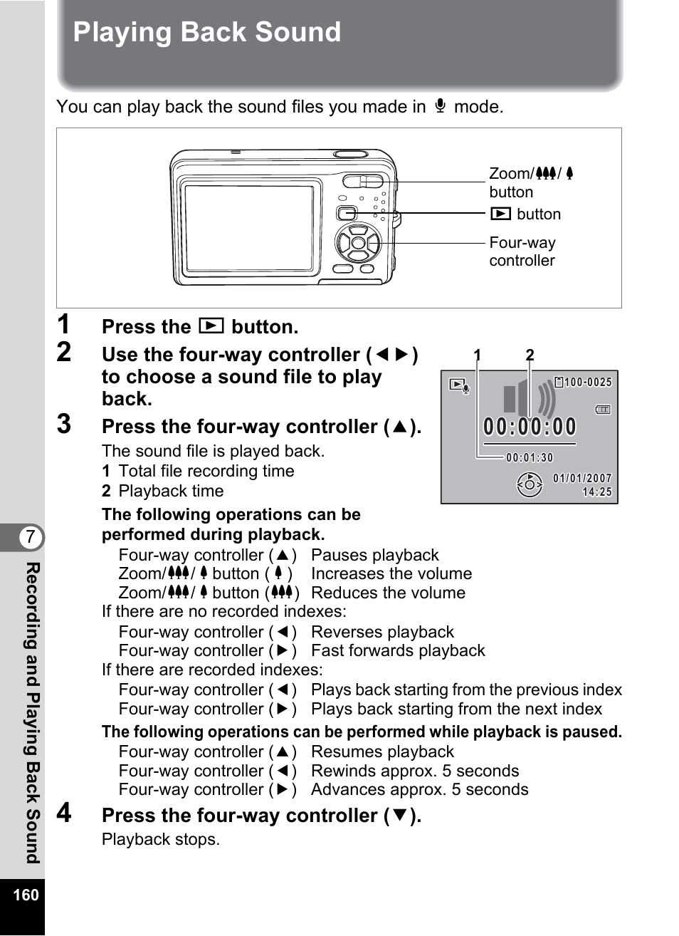 Playing back sound, P.160), And sounds (p.160), and switch | Pentax Optio Z10 User Manual | Page 162 / 212