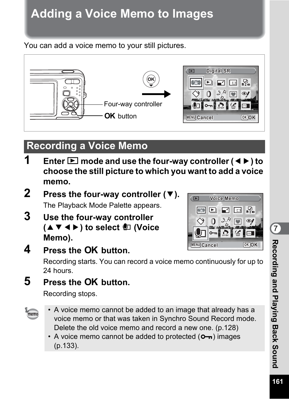 Adding a voice memo to images, Recording a voice memo, P.161 | Press the four-way controller ( 3 ), Press the 4 button | Pentax Optio Z10 User Manual | Page 163 / 212