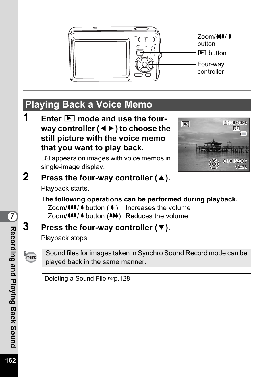 Playing back a voice memo, On (p.162), Lume icon (p.162 | Press the four-way controller ( 2 ), Press the four-way controller ( 3 ) | Pentax Optio Z10 User Manual | Page 164 / 212