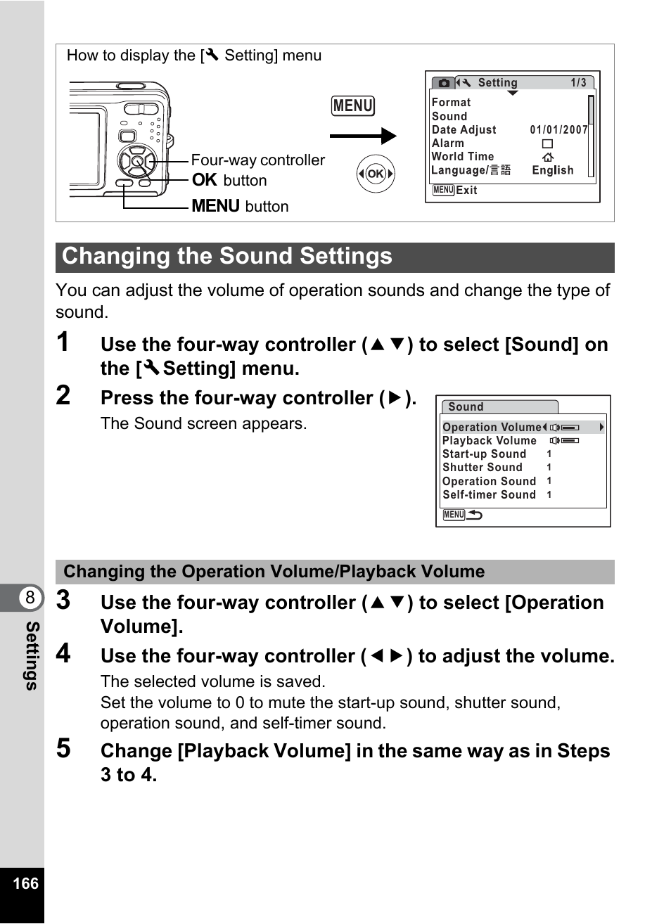 Changing the sound settings, P.166, Press the four-way controller ( 5 ) | Pentax Optio Z10 User Manual | Page 168 / 212