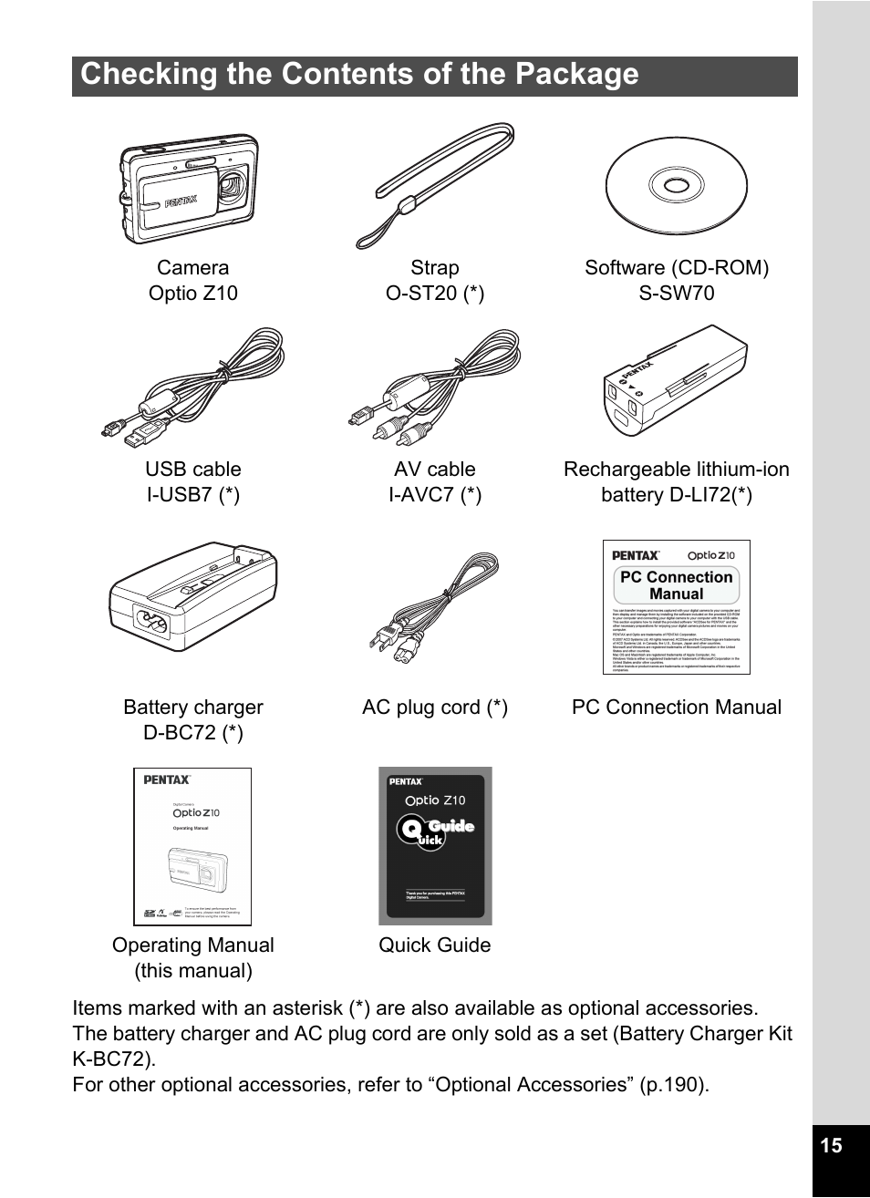 Checking the contents of the package | Pentax Optio Z10 User Manual | Page 17 / 212