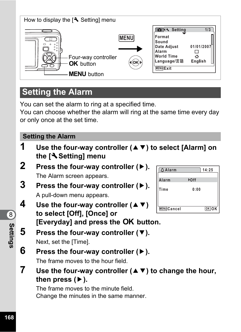 Setting the alarm, P.168, Press the four-way controller ( 5 ) | Press the four-way controller ( 3 ) | Pentax Optio Z10 User Manual | Page 170 / 212