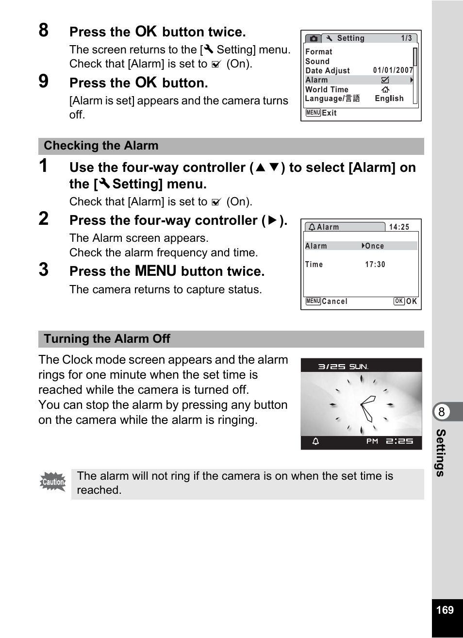 Press the 4 button twice, Press the 4 button, Press the four-way controller ( 5 ) | Press the 3 button twice | Pentax Optio Z10 User Manual | Page 171 / 212