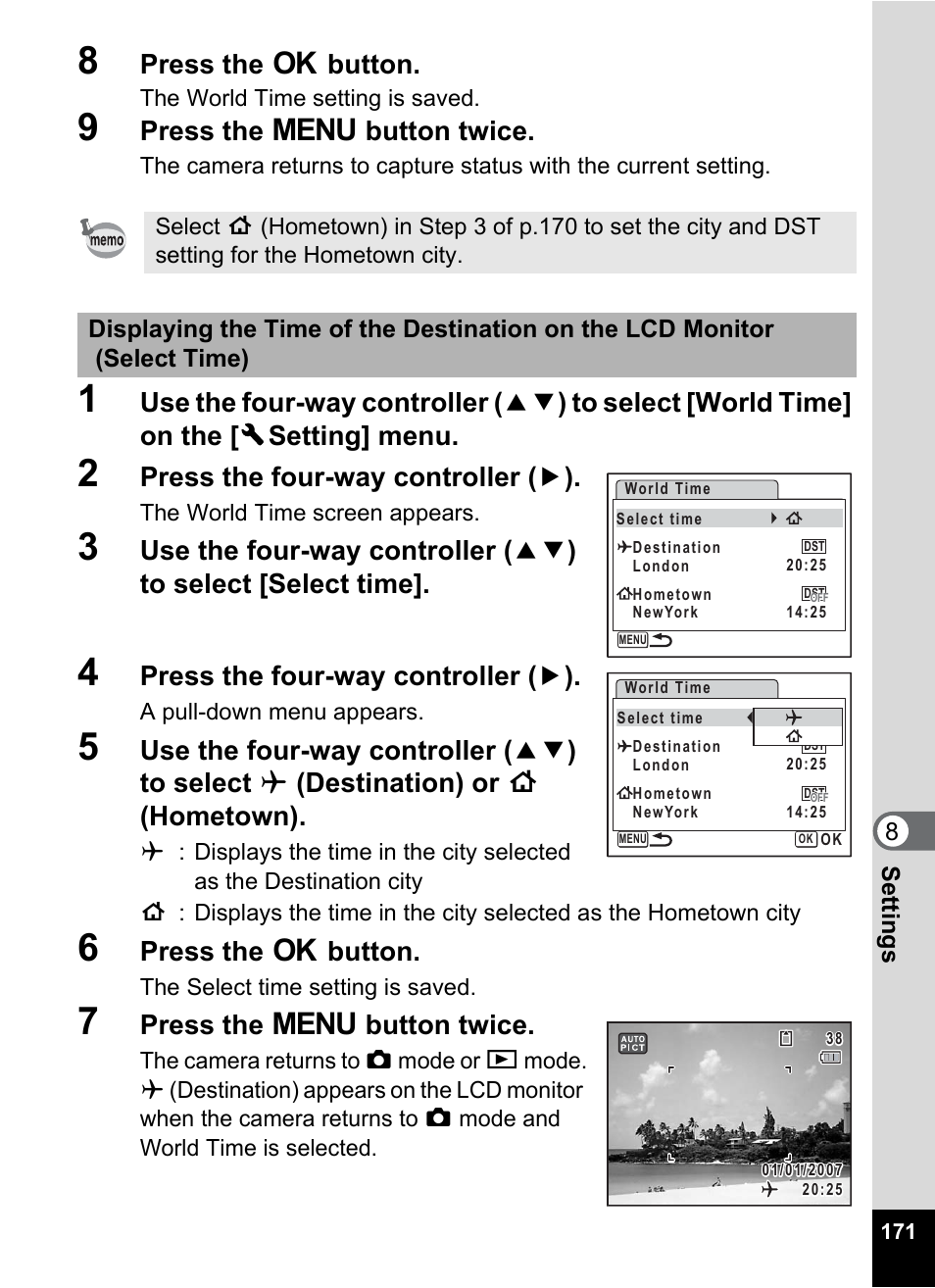 Press the 4 button, Press the 3 button twice, Press the four-way controller ( 5 ) | 8settings | Pentax Optio Z10 User Manual | Page 173 / 212