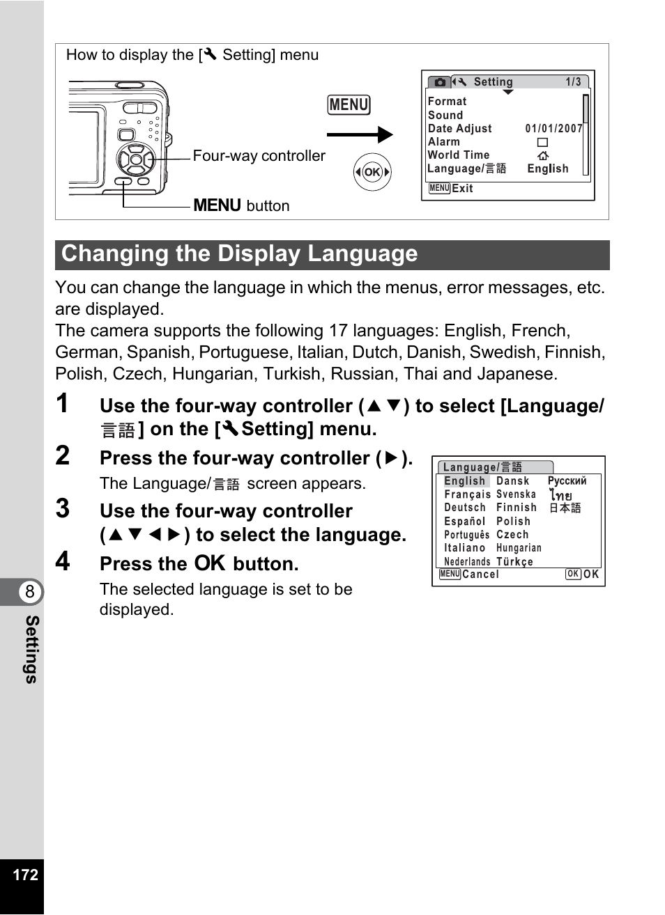 Changing the display language, Changing the display, Language | P.172), P.172, Press the four-way controller ( 5 ), Press the 4 button | Pentax Optio Z10 User Manual | Page 174 / 212