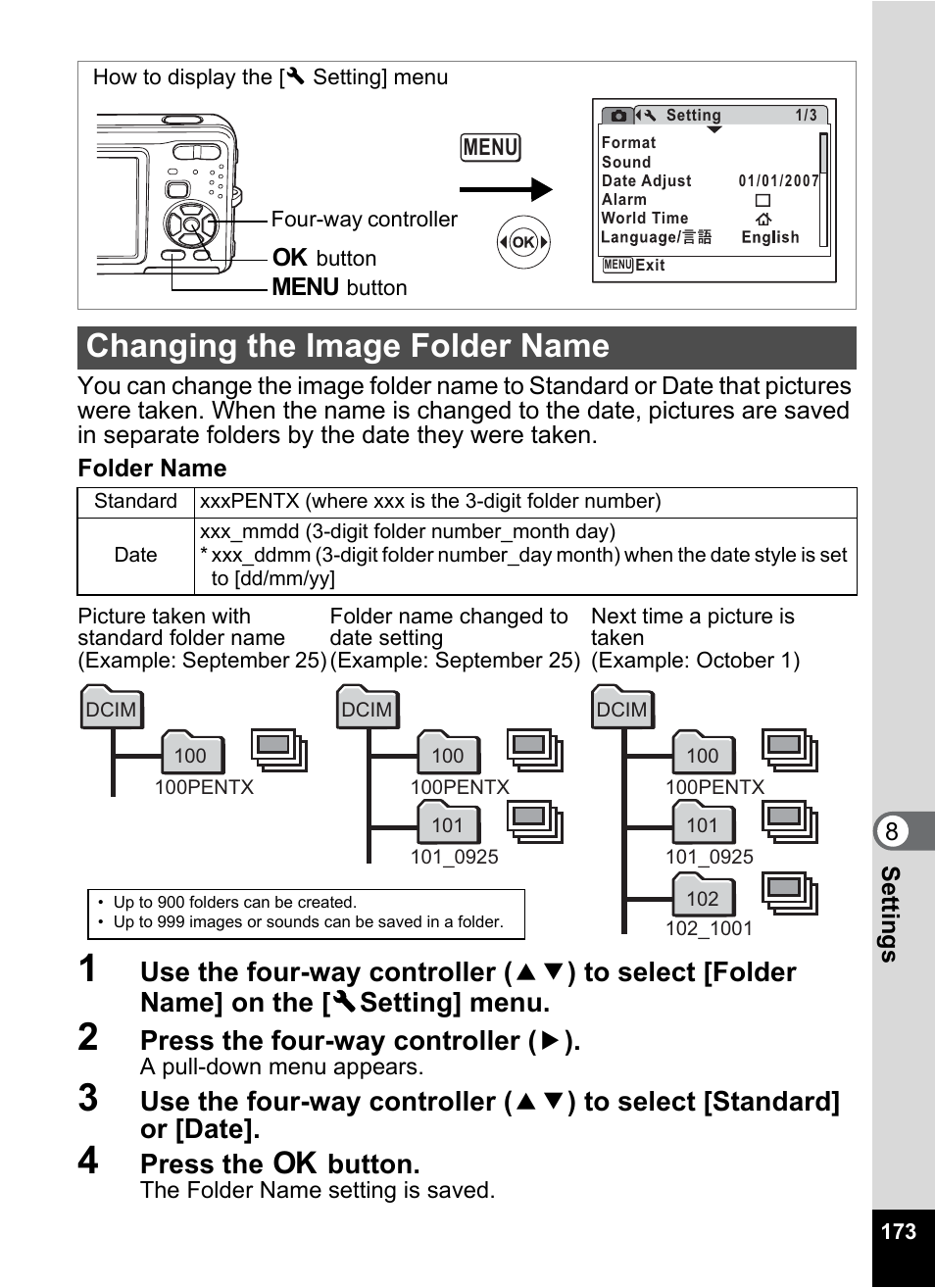 Changing the image folder name, P.173, Press the four-way controller ( 5 ) | Press the 4 button | Pentax Optio Z10 User Manual | Page 175 / 212