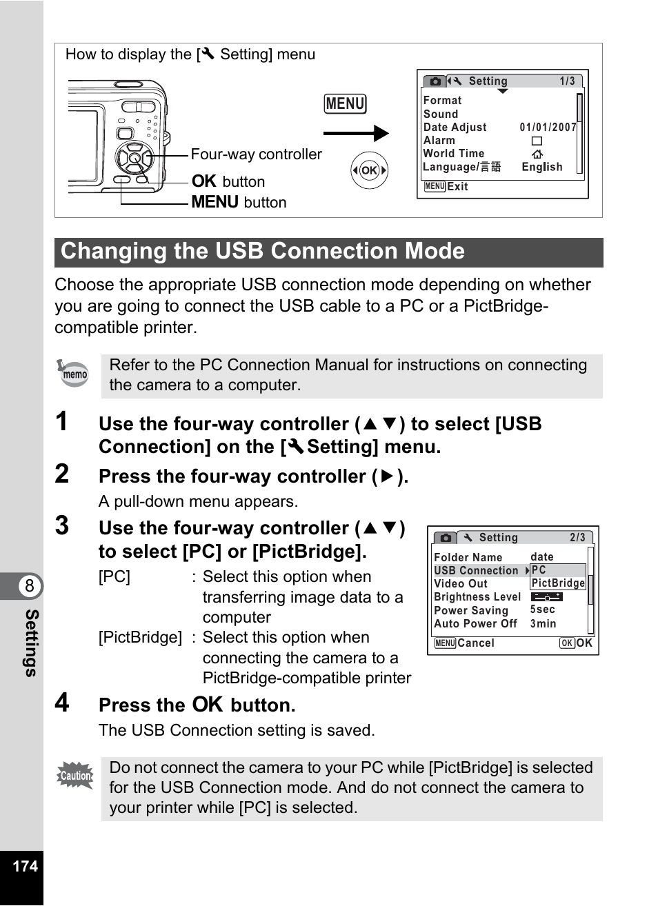 Changing the usb connection mode, P.174, Press the four-way controller ( 5 ) | Press the 4 button | Pentax Optio Z10 User Manual | Page 176 / 212