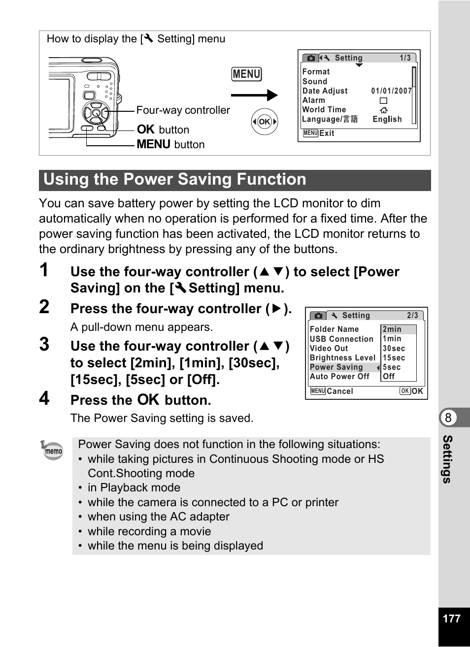 Using the power saving function, P.177, Press the four-way controller ( 5 ) | Press the 4 button | Pentax Optio Z10 User Manual | Page 179 / 212