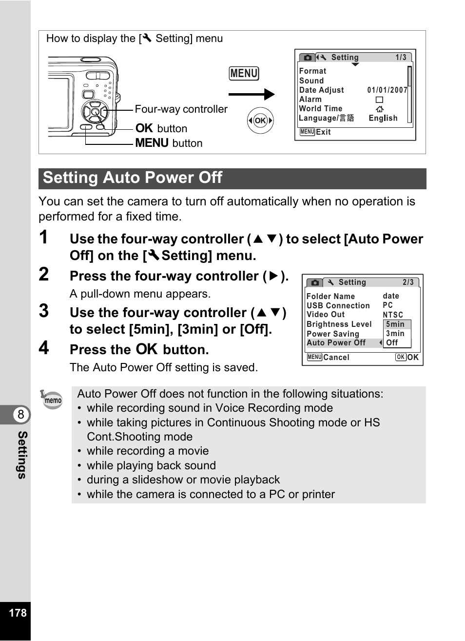 Setting auto power off, P.178, Press the four-way controller ( 5 ) | Press the 4 button | Pentax Optio Z10 User Manual | Page 180 / 212