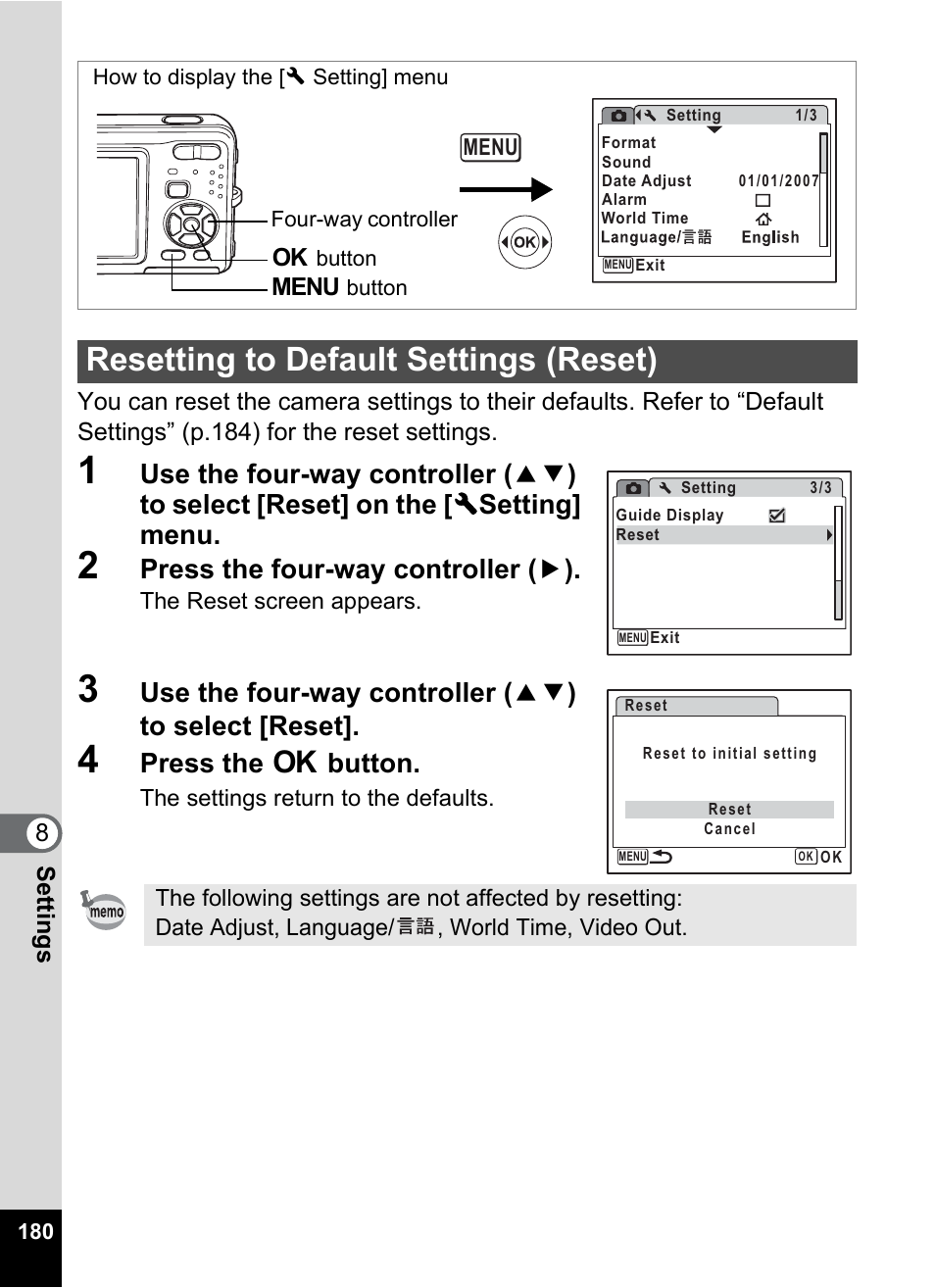 Resetting to default settings (reset), P.180, Press the four-way controller ( 5 ) | Press the 4 button | Pentax Optio Z10 User Manual | Page 182 / 212