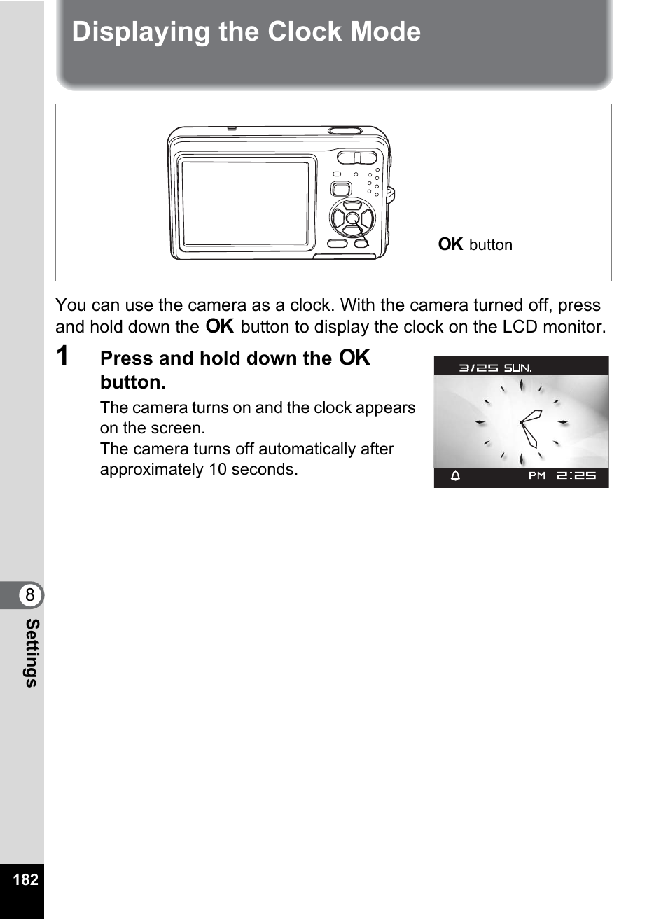 Displaying the clock mode, P.182) | Pentax Optio Z10 User Manual | Page 184 / 212