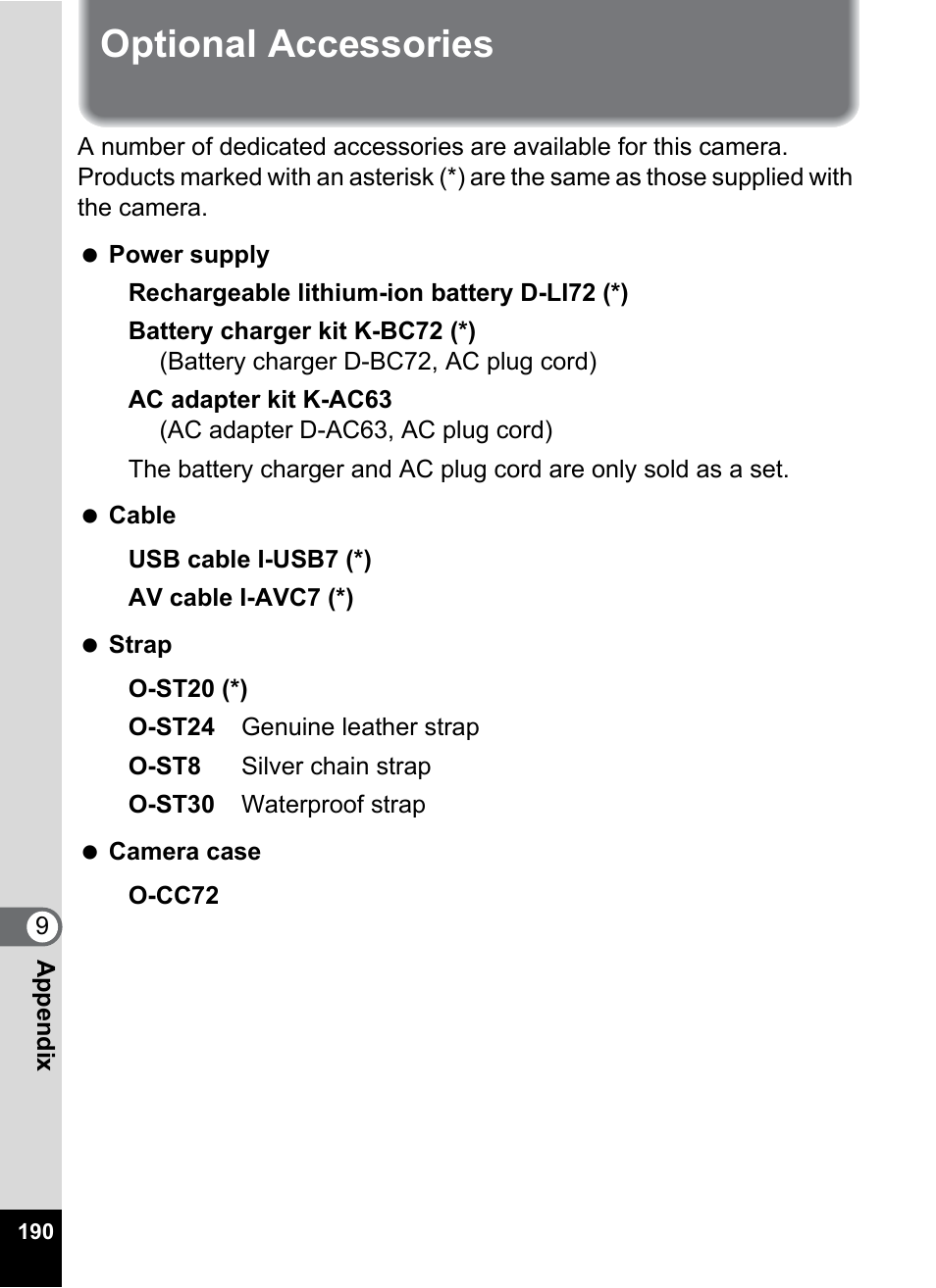 Optional accessories | Pentax Optio Z10 User Manual | Page 192 / 212