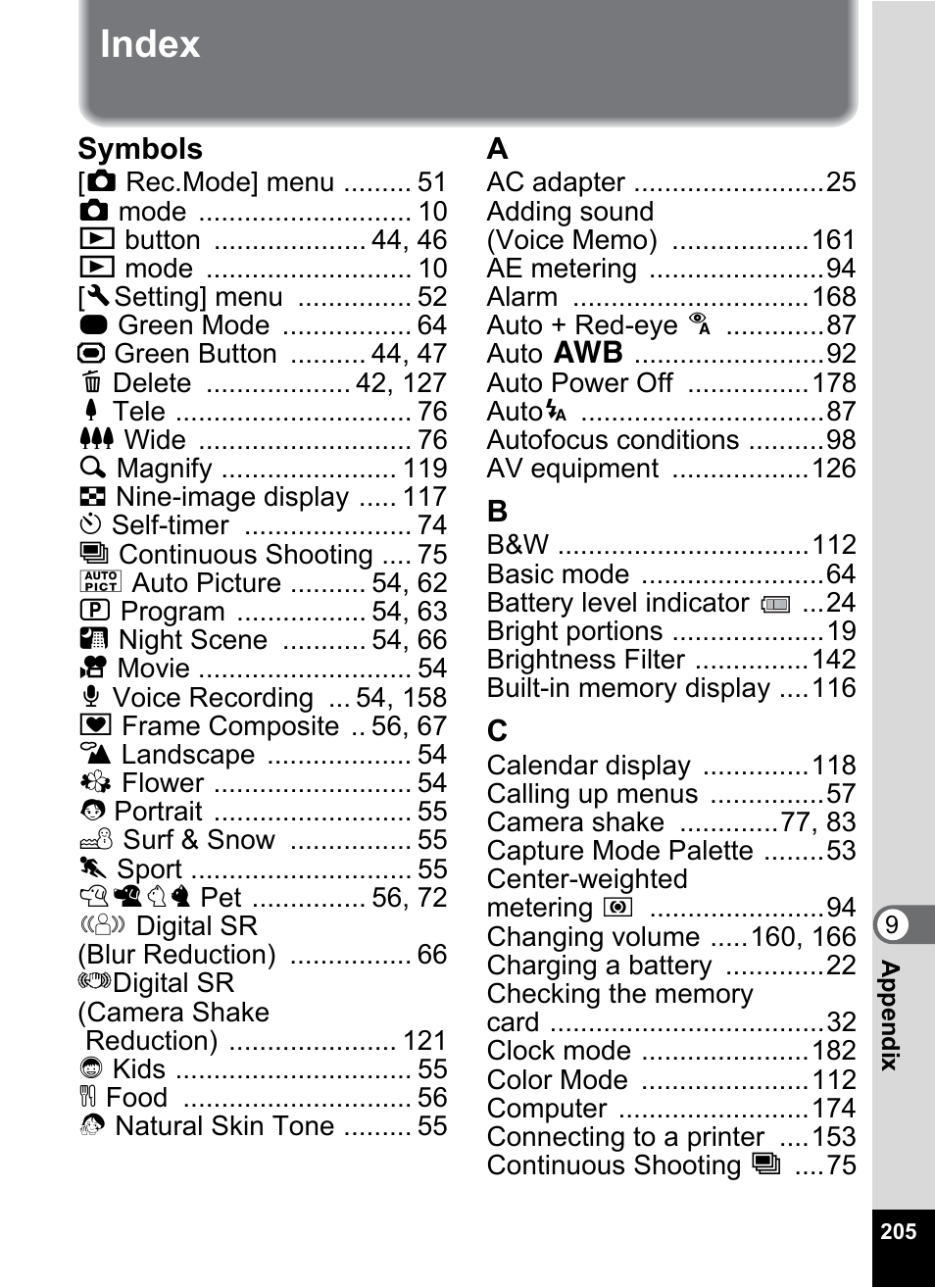 Index | Pentax Optio Z10 User Manual | Page 207 / 212