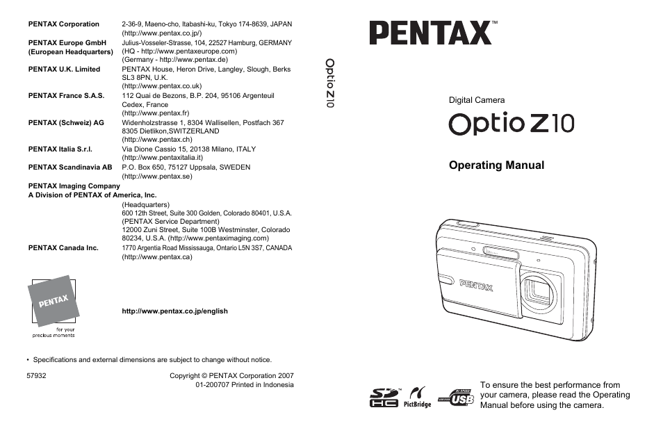 Operating manual | Pentax Optio Z10 User Manual | Page 212 / 212