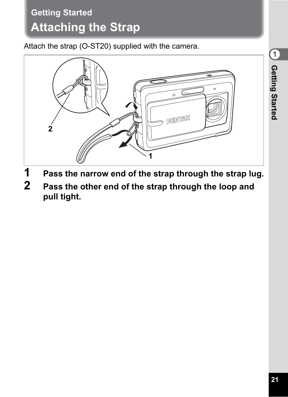 Getting started, Attaching the strap | Pentax Optio Z10 User Manual | Page 23 / 212