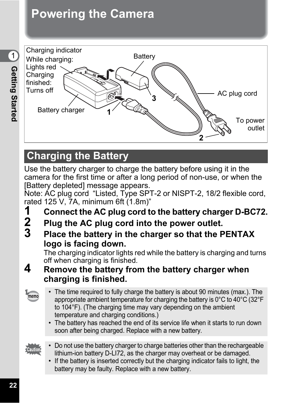 Powering the camera, Charging the battery | Pentax Optio Z10 User Manual | Page 24 / 212