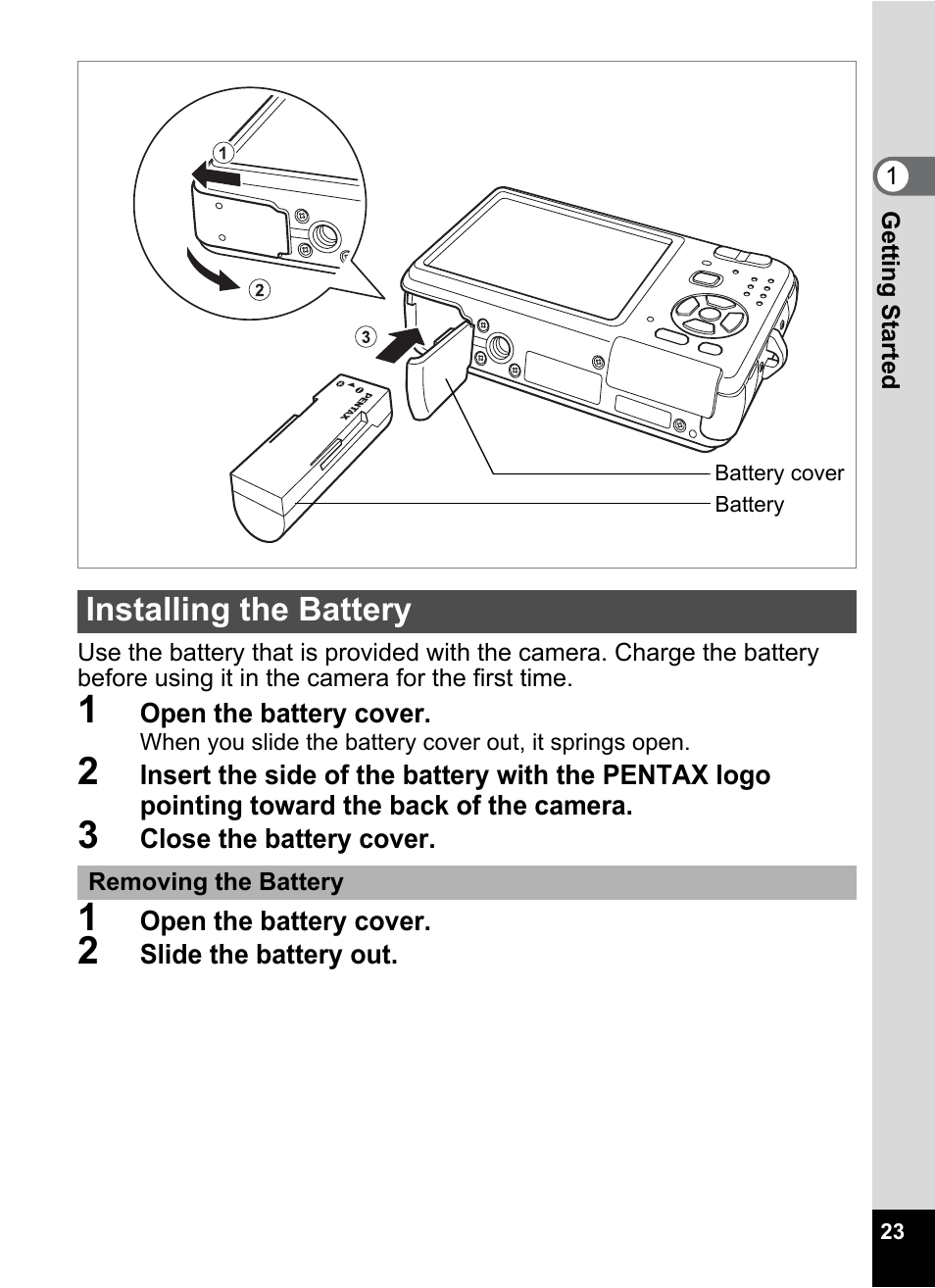 Installing the battery | Pentax Optio Z10 User Manual | Page 25 / 212