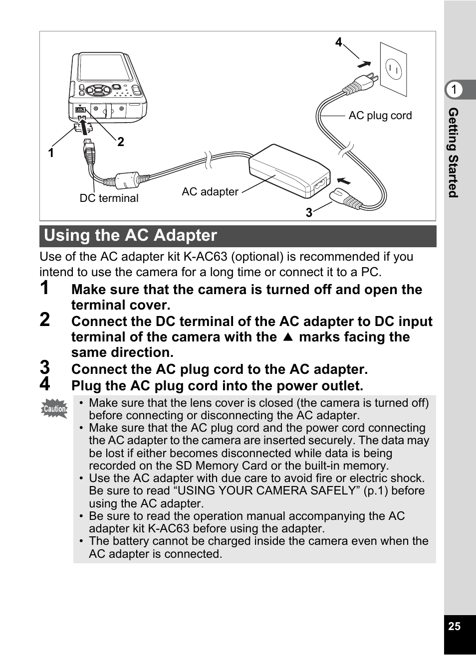 Using the ac adapter | Pentax Optio Z10 User Manual | Page 27 / 212