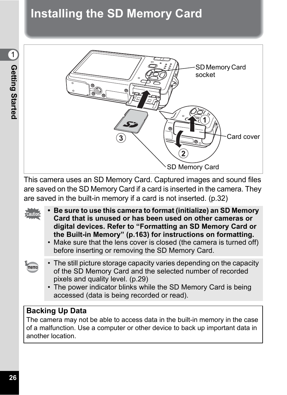 Installing the sd memory card | Pentax Optio Z10 User Manual | Page 28 / 212