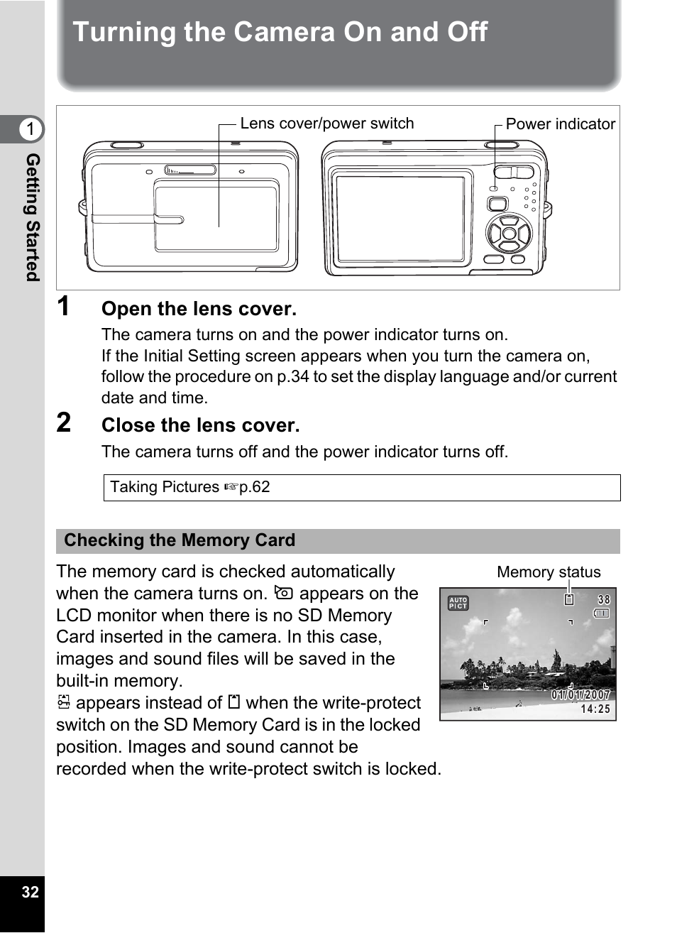 Turning the camera on and off, P.32), Turning the camera on and off 1 | Open the lens cover, Close the lens cover | Pentax Optio Z10 User Manual | Page 34 / 212