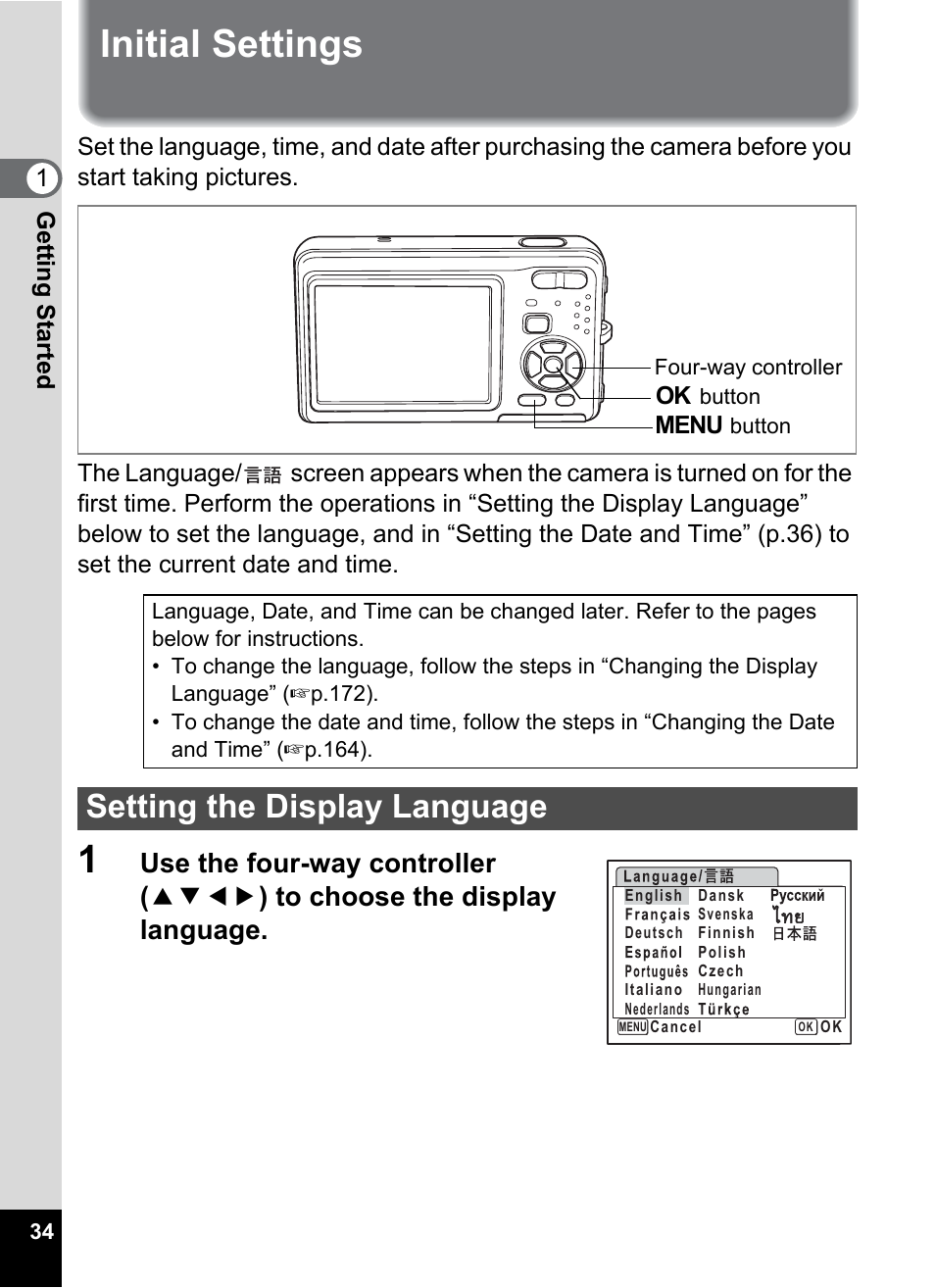 Initial settings, Setting the display language | Pentax Optio Z10 User Manual | Page 36 / 212